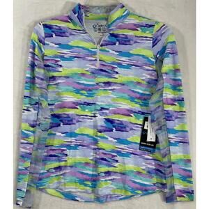 IBKUL Womens Long Sleeve Top Small 1/4 Zip Mock Neck Jessie Purple Print Golf